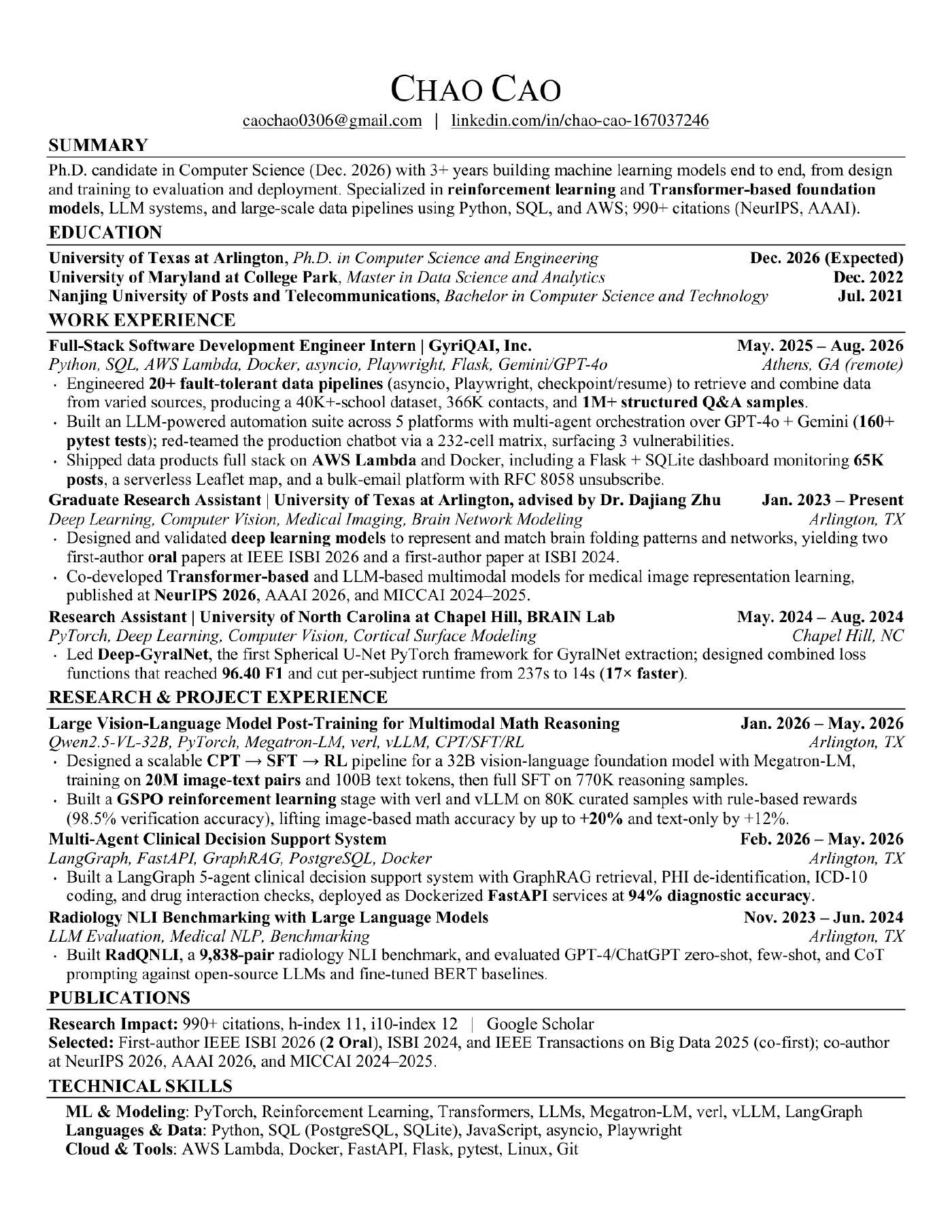 Data science résumé, page 1